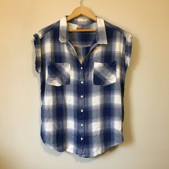 JACHS Girlfriend Blue & White Plaid Rolled Cuff Button Down Rayon Shirt - Picture 1 of 15